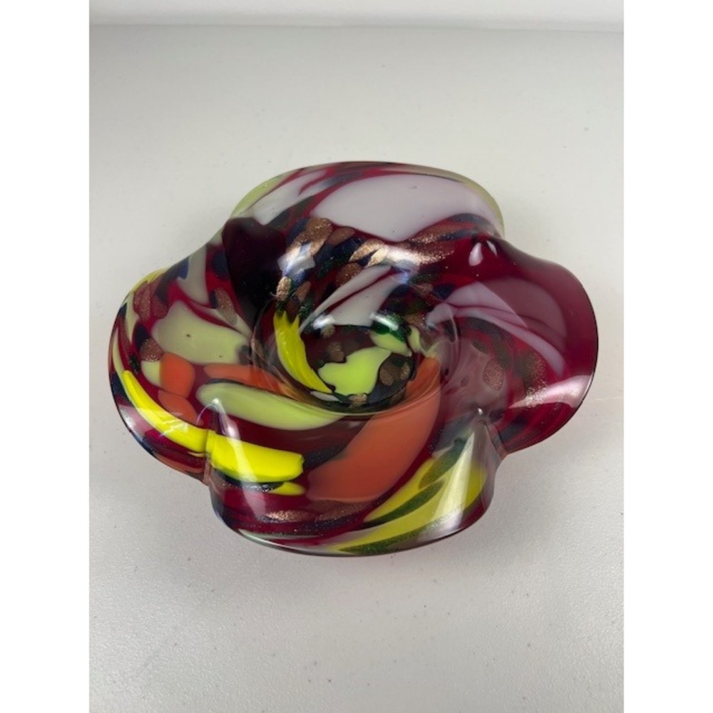 Murano Style‎ Art Glass Ruffled Bowl Red Yellow Orange Copper Aventurine 9.5in